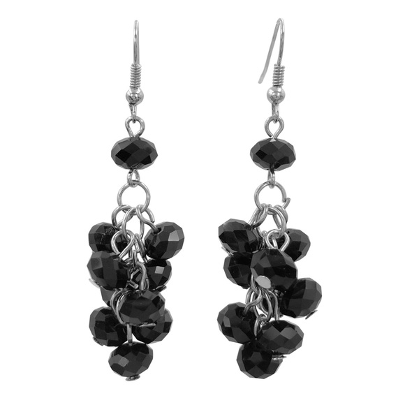 Black Glass Beaded Cluster Dangle Earrings - Picture 1 of 3